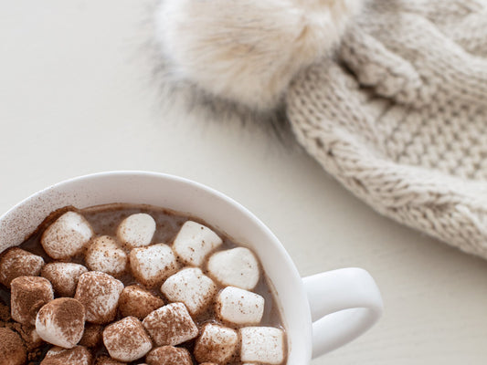 fuzzy warm hat and hot cocoa and marshmallow - happy holidays cards