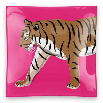 Walking Tiger Square Glass Trinket Tray: Navy