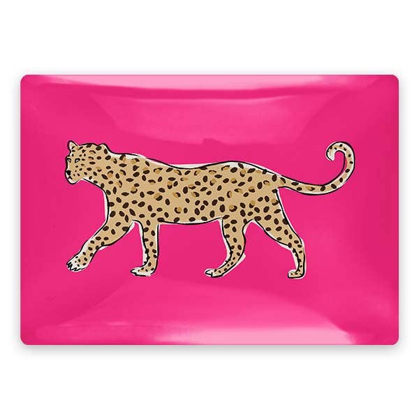 Walking Leopard Rectangle Glass Trinket Tray: Coral