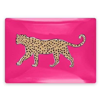 Walking Leopard Rectangle Glass Trinket Tray: Coral