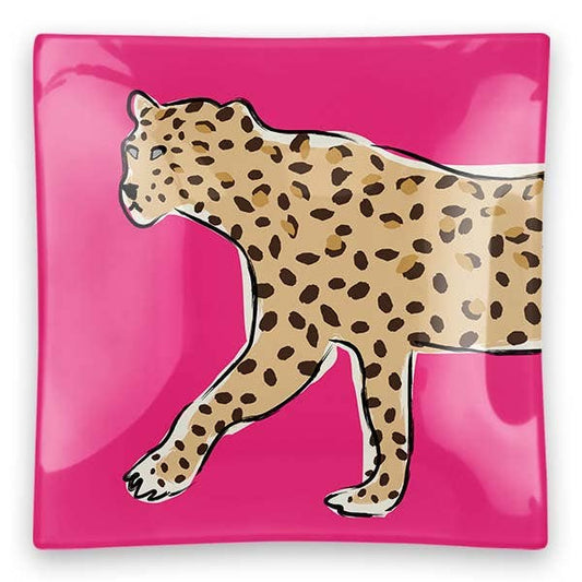 Walking Leopard Square Glass Trinket Tray: Pink