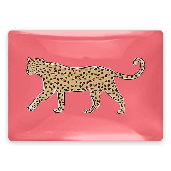 Walking Leopard Rectangle Glass Trinket Tray: Coral