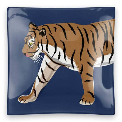 Walking Tiger Square Glass Trinket Tray: Navy